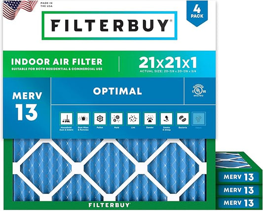Filterbuy 21x21x1 Air Filter MERV 13 Optimal Smoke & Allergy Defense (4-Pack), Electrostatic Pleated HVAC AC Furnace Filters Replacement, Made in USA (Actual Size: 20.88 x 20.88 x 0.75)
