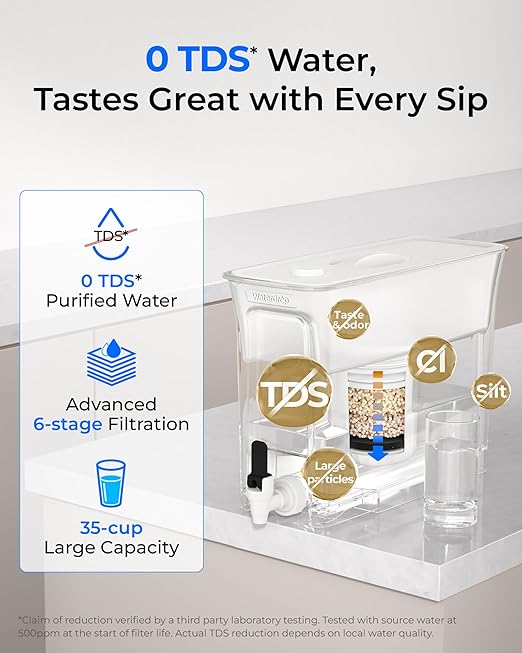 Waterdrop WFD-01W Water Filter Dispenser, 0 TDS Water Filter Pitcher, 35-Cup Large Capacity with 1 Filter, Reduce TDS, Chlorine, PFOA/PFOS and More, BPA Free, White