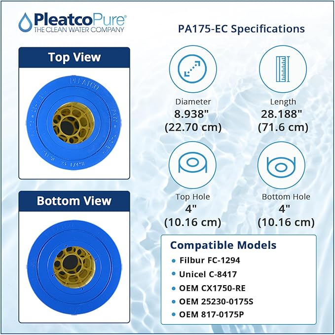 Pleatco Filtration PA175-EC Pool Filter Cartridge Replacement for Unicel: C-8417, Filbur: FC-1294, OEM Part Numbers: CX1750-RE, 25230-0175S, 817-0175P