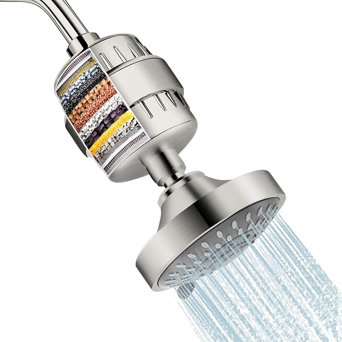 Shower Head and 15 Stage Shower Filter Combo, FEELSO High Pressure 5 Spray Filtered Showerhead with Water Softener Filters for Hard Water Remove Chlorine and Harmful Substances (Nickel Brushed)