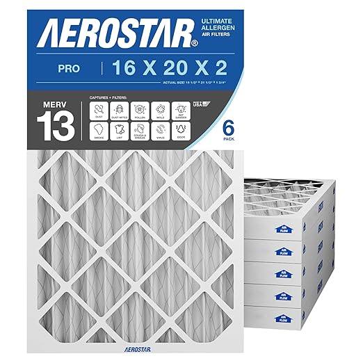 Aerostar 16x20x2 MERV 13 - 6 Count - Pleated HVAC, Furnace & Air Conditioner Filters - Removes Bacteria, Dust, Cold & Flu Germs, Lint, Mold, Pet Dander, Allergy-Causing Pollen, Smog, Smoke & Viruses