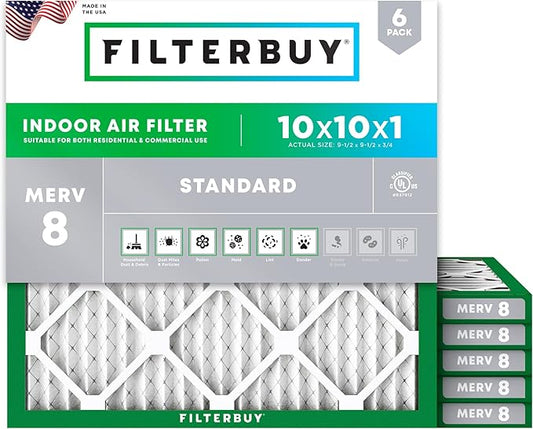 Filterbuy 10x10x1 Air Filter MERV 8 Essential Dust & Allergy Defense (6-Pack), Electrostatic Pleated HVAC AC Furnace Filters Replacement, Made in USA (Actual Size: 9.50 x 9.50 x 0.75)