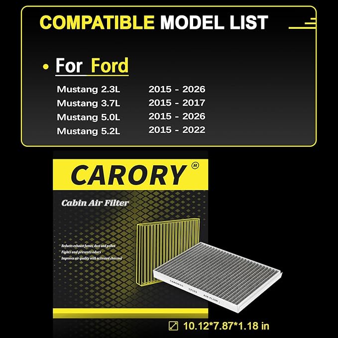 CARORY Cabin Air Filter w/Activated Carbon for Ford Mustang 2015 2016 2017 2018 2019 2020 2021 2022 2023 2024 2025 2026, FR3Z-19N619-A, CF12152, FP-78