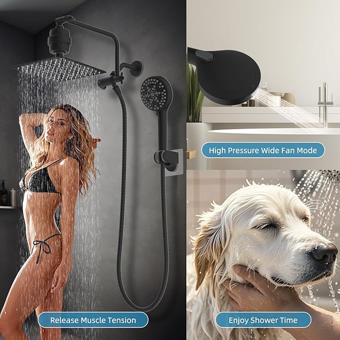 Filtered Shower Head, 10" High Pressure 10-Spray Handheld/Rainfall Shower Head Combo with 20 Stage Shower Filter, 11" Shower Extension Arm, 71" Hose, Shower Head Holder, Matte Black