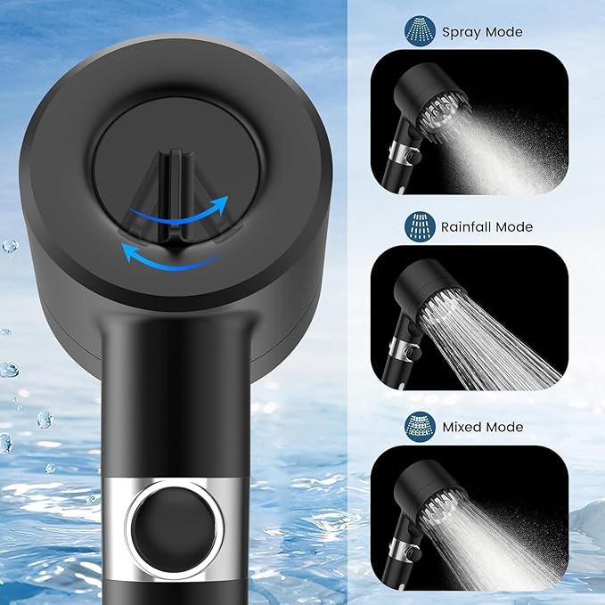 PWERAN Filtered Shower Head with Handheld, 3+1 Spray Modes High Pressure Shower Head with 3-PCS Filters for Hard Water Remove Chlorine, Detachable Showerhead with ON/OFF Switch for Pet Bath (Black)