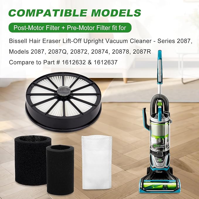 2087 Filters Replacement Compatible with Bissell 2087 Series Hair Eraser Lift-Off Upright Vacuum 20871 2087 20872 20874 20878 2087R 2087Q Compare to Part 1612637 & 1612631 (1+1 Set)