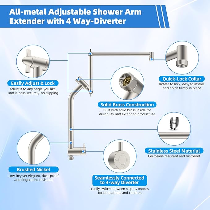 All-Metal 10" High-Pressure Rain Shower Head with Handheld- 10-Spray Power Wash with Shower Filter, Easy Reach 4-Way Diverter with Pause Mode, Adjustable 16" Extension Arm/ 71" Hose, Brushed Nickel