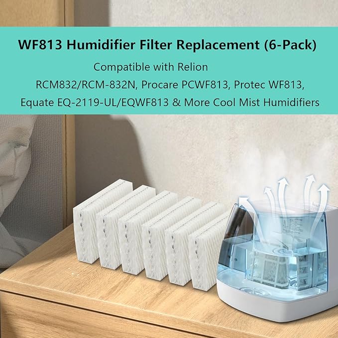 6 Pack Replacement WF813 Humidifier Filters,Compatible with Equate EQWF813 PCWF813 Relion RCM832 RCM-832N Protec RWF813 EQ-2119-UL PCCM-832N Cool Mist Humidifiers Wick Filter