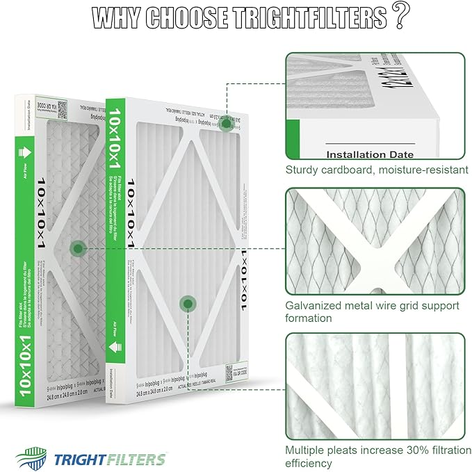 TRIGHTFILTERS 10x10x1 Air Filter 6 Pack, Durable MERV 8 Pleated Home HVAC AC Furnace Filters, Lightweight Compact Air Conditioner Filter Replacement