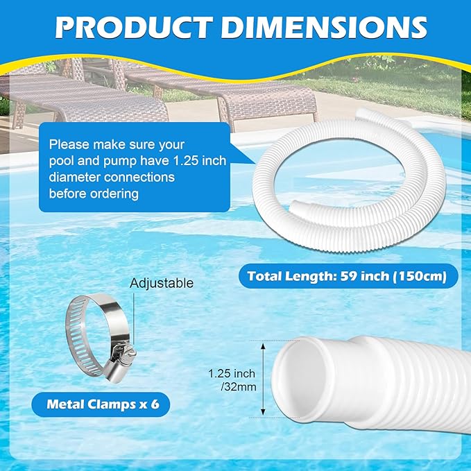 4 Pcs 1.25" Pool Hose, 59" Long Accessory Pool Pump Replacement Hoses, Compatible with All Above Ground Pool Filter Pumps that Use 1 1/4 Diameter Hoses