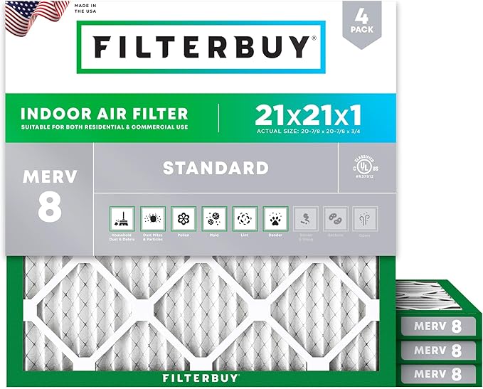 Filterbuy 21x21x1 Air Filter MERV 8 Essential Dust & Allergy Defense (4-Pack), Electrostatic Pleated HVAC AC Furnace Filters Replacement, Made in USA (Actual Size: 20.88 x 20.88 x 0.75)