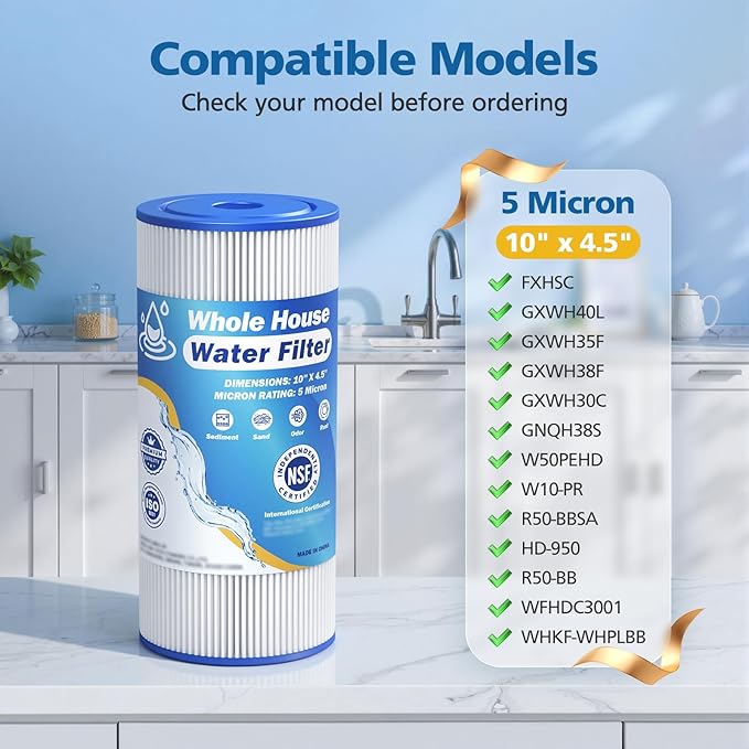 5 Micron 10" x 4.5" Whole House Water Filter Compatible with GE FXHSC, GXWH40L, Plumber W50PEHD, Culligan R50-BBSA, Pentek R50-BB, W10-PR, DuPont WFHDC3001, W50PEHD, High Flow Sediment Filters, 4 Pack