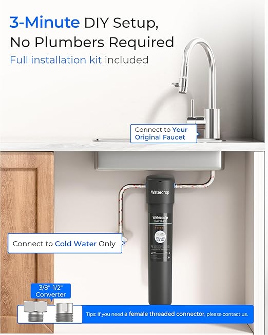 Waterdrop 15UA Under Sink Water Filter System, 2 Years, Reduces Lead, Chlorine, Bad Taste & Odor, Under Counter Water Filter Connects Directly to Your Faucet, NSF/ANSI 42 Certified