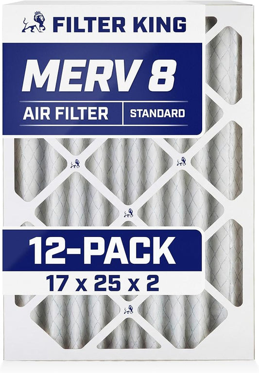 Filter King 17x25x2 Air Filter (MERV 8) (12-Pack) Dust & Allergy Control AC Furnace Filters, MADE IN USA, HVAC, Pleated, Electrostatic (Actual Size: 16.5 x 24.5 x 1.75)