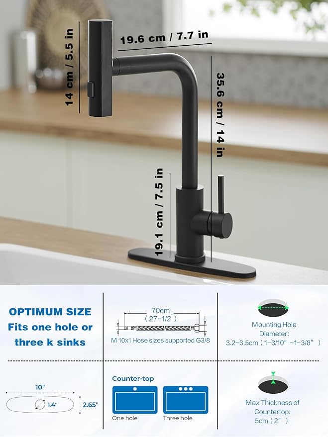 Black Kitchen Faucets with Pull Down Sprayer,Waterfall Kitchen Sink Faucet,Commercial Utility Stainless Steel Kitchen Faucets,Single Handle Kitchen Sink Faucet with Pull Down Sprayer for 3 Function