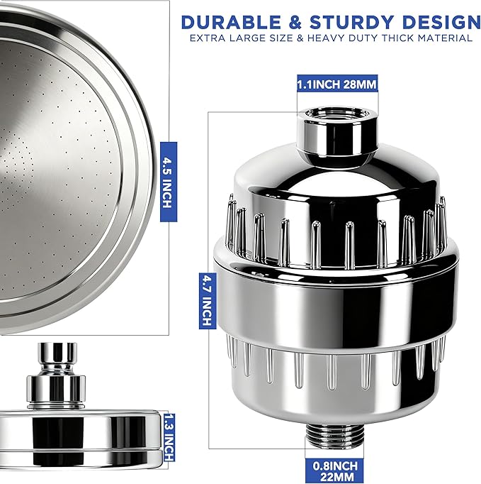 Filtered Shower Head Combo - 25 Stage Filtration (20+5), High Pressure Showerhead 3 Spray Modes, Removes Chlorine & Heavy Metals, Vitamin C Hard Water Filter for Skin & Hair, Chrome