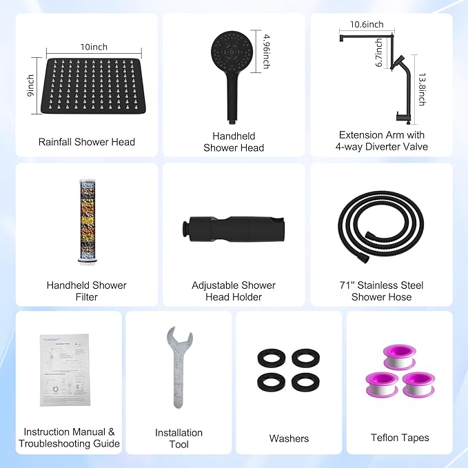 Metal Black 10" High-Pressure Rain Shower Head with Handheld - 10-Spray Power Wash with Filter Element, Easy Reach 4-Way Diverter with Pause Mode, Adjustable 16" Extension Arm/Holder/ 71" Hose