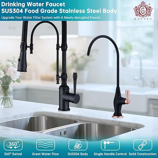 Sink Drinking Water Faucet, Sink Water Filter System, Suitable for Most Reverse Osmosis or Water Filtration Systems, Stainless Steel Reverse Osmosis Faucet for Kitchen Bar, Black+ Red Copper