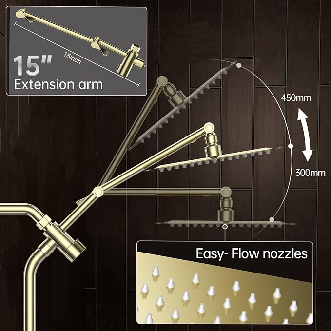 Veken All Metal 10" Brushed Gold Shower Head with Handheld, Luxurious Square Double Rain Shower Heads with Spray Combo, Dual High Pressure Detachable Rainfall Showerhead with Extension Arm, Long Hose