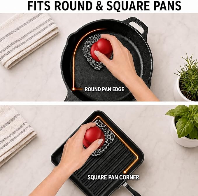 Cast Iron Scrubber and Scraper | 316 Chainmail Scrubber for Cast Iron Pan Skillet Cleaner | Chain Mail Scrubber for Dishes Pots Wok Griddle Grill | Dish Scouring Pad Dishwasher Safe, Red 01