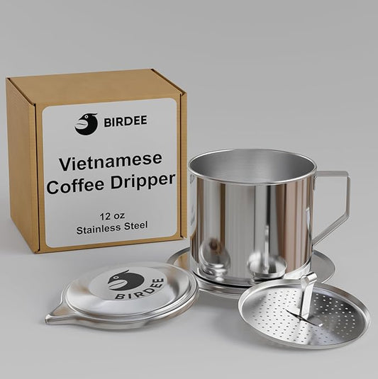 Birdee Vietnamese Coffee Dripper Foldable - 12 oz, Stainless Steel, Medium Drip Filter, Durable, Dishwasher Safe, Home Use, Travel, Camping, Gift Sets