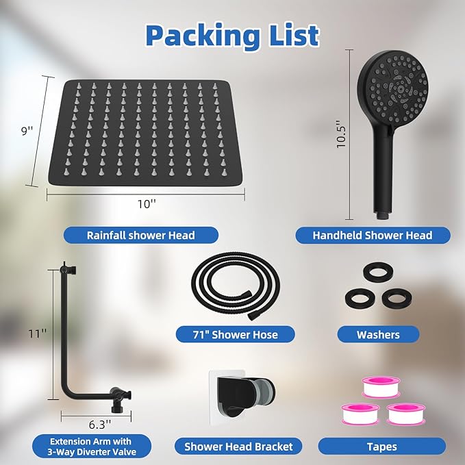 All Metal Black Shower Head, 10" High Pressure Rainfall/Handheld Shower Combo with 11" Extension Arm, 10-Spray Handheld Showerhead, 71" Long Hose, 3-Way Diverter Valve, Matte Black