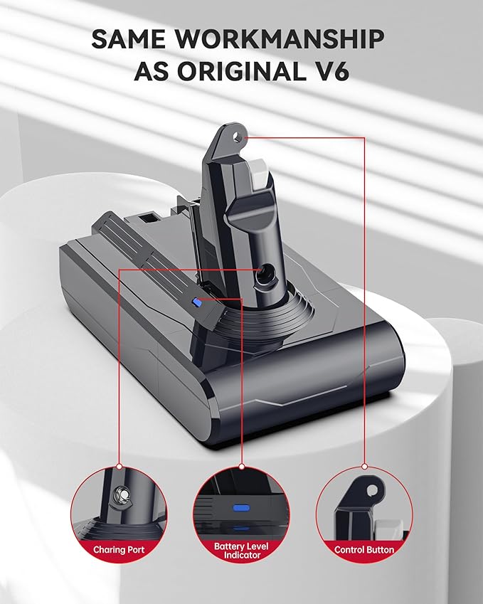 8000mAh Rechargeable Replacement Battery for Dyson V6 Series Vacuum Cleaners, Providing 26 Minutes of Runtime in Standard Mode, Installs in Just 3 Minutes, Includes 2 Pre Filter and 1 Post Filter