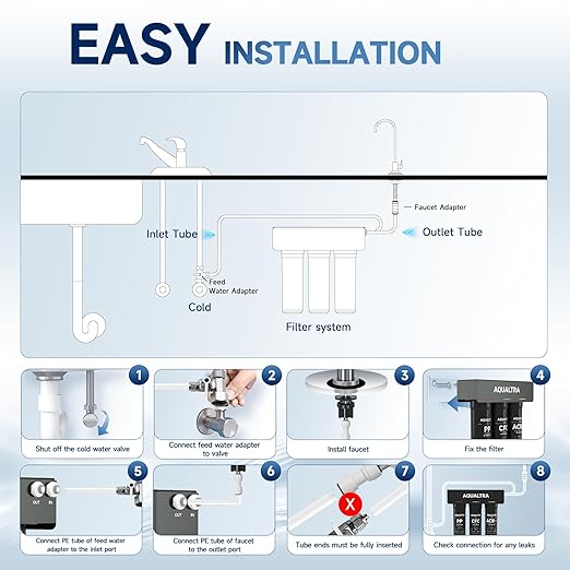 AQUALTRA USF-3F-10 Slightly Alkaline Under Sink Water Filter System, 8K-32K Gal with Faucet, Reduce PFOA, PFOS, Chlorine, Lead, Mercury, Chloramine, Fluoride, Microplastics Particles, Bad Taste & Odor