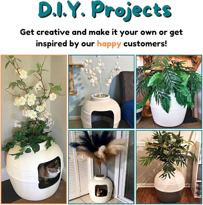 Good Pet Stuff Hidden Litter Box Planter, Decorative Cat Litter Enclosure with Carbon Filter & Faux Plant, Made in USA, Odor Control, Improved Design, NEW Round Style, Base Kit, Classic White