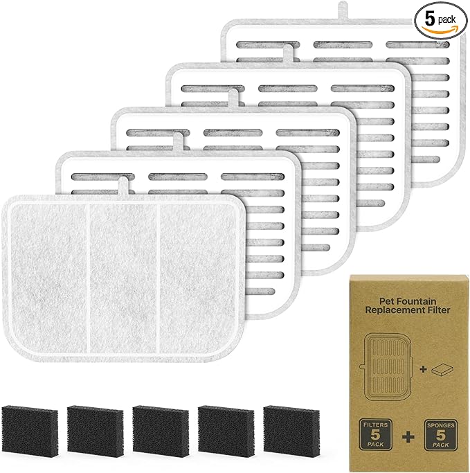 Filter Unit Rect For E VERSWEET MAX Cordless 105fl oz/3L Pet Cat Water Fountain Filter Replacement (Square-5 Filters+5 Sponges)