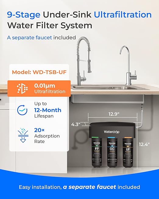 Waterdrop TSB-UF 0.01 μm Ultra Filtration Under Sink Water Filter System, 9 Layer Under Sink Water Filtration System, Reduces Chlorine, Fluoride, Taste&Odor, with Dedicated Faucet, Easy Installation