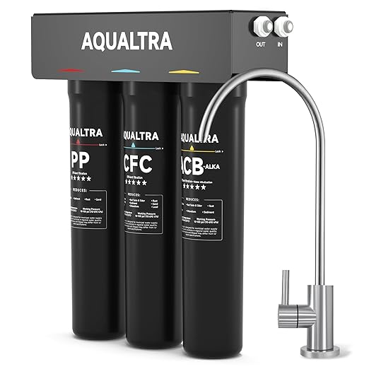 AQUALTRA USF-3F-15 Slightly Alkaline Under Sink Filter System, 8K-40K Gal with Faucet, Reduce PFOA, PFOS, Chlorine, Lead, Mercury, Chloramine, Fluoride, Microplastics Particles, Bad Taste & Odor