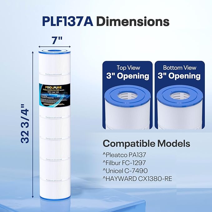 POOLPURE PLF137A Pool Filter Replaces PA137, Unicel C-7490, Filbur FC-1297,FC-6455, Hayward CX1380-RE, C-5500, C5520, SD-00368, APCC7251, 17-175-1339, 137 Sq.ft, Length: 32 3/4", 4PACK