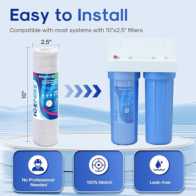 ICEPURE 20 Micron 10" x 2.5" Whole House String Wound Sediment Water Filter for Well filter Replacement for Aqua-Pure AP110, WP-5, Culligan P5, CFS110, CW-MF, WFPFC4002, Any 10 inch RO Unit, 3PACK