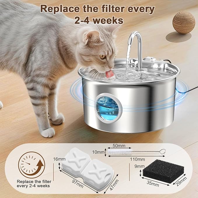 Cat Water Fountain Filter Replacement Kit - 12 Cat Fountain Filters, 12 Sponges & 2 Brushes, Compatible with Stainless Steel Pet Fountains