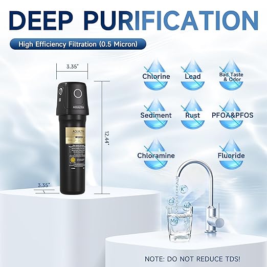 AQUALTRA USF01-BK Under Sink Water Filter System, 12K Gal, NSF/ANSI/CAN 372 Certified, Reduces PFOA, PFOS, Chlorine, Lead, Mercury, Chloramine, Fluoride, Microplastics Particles, Bad Taste & Odor