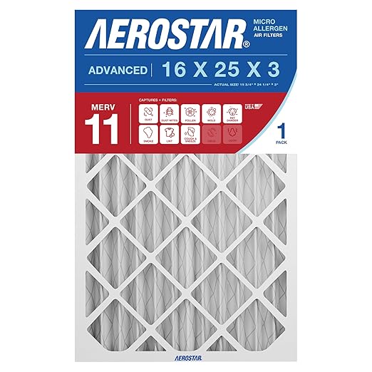 Aerostar 16x25x3 Air Filter MERV 11-1 Count - Removes Dust, Cold, Lint, Mold, Pet Dander, Allergy-Causing Pollen, Smog & Smoke - Pleated Electrostatic MPR 1000-1200 & FPR 7 Furnace Air Filters