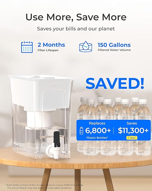 Waterdrop WFD-02W Water Filter Dispenser, Fluoride Reduction, 35-Cup with 1 Filter, 150-Gallon Long-Life, Large Capacity, Reduces Chlorine, PFOA/PFOS and More, BPA Free, White