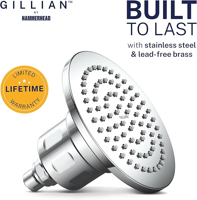 Gillian™ by HammerHead High Pressure Shower Head with Filter – Genuine KDF-55 Filtered Shower Head for Hard Water, Healthier Skin & Hair – Metal 6-Inch Rainfall Showerhead with Filters, Chrome