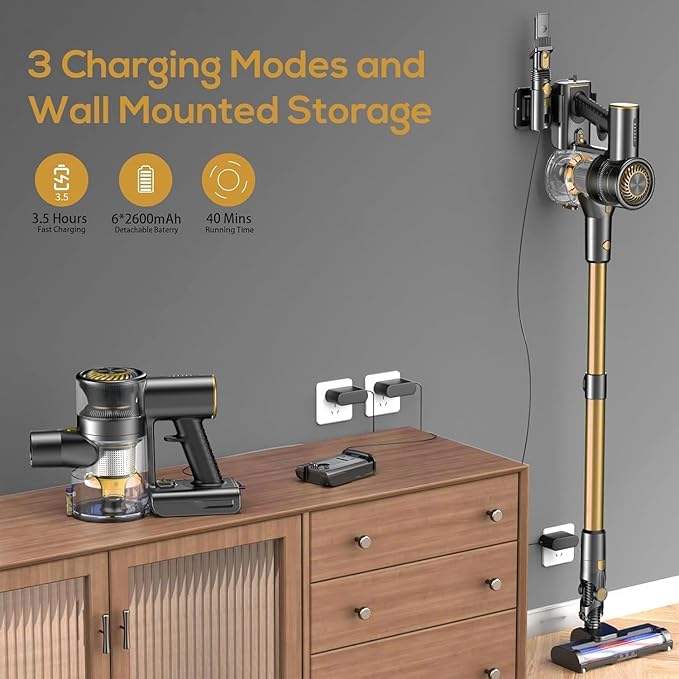 MBTTODF Cordless Vacuum Cleaner for Home & Pet Hair – Lightweight Stick Vacuum with 40-Min Runtime, Anti-Tangle Brush & LED Headlight, for Hardwood, Carpet & Tile(Golden)