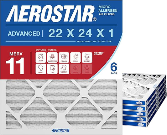 Aerostar 22x24x1 MERV 11 Pleated Air Filter, 6 Pack, AC Furnace Filters, HVAC Filter, Air Conditioner Filters, Heater Filters Replacement for Home (Actual Size: 21.875x23.875x0.75)