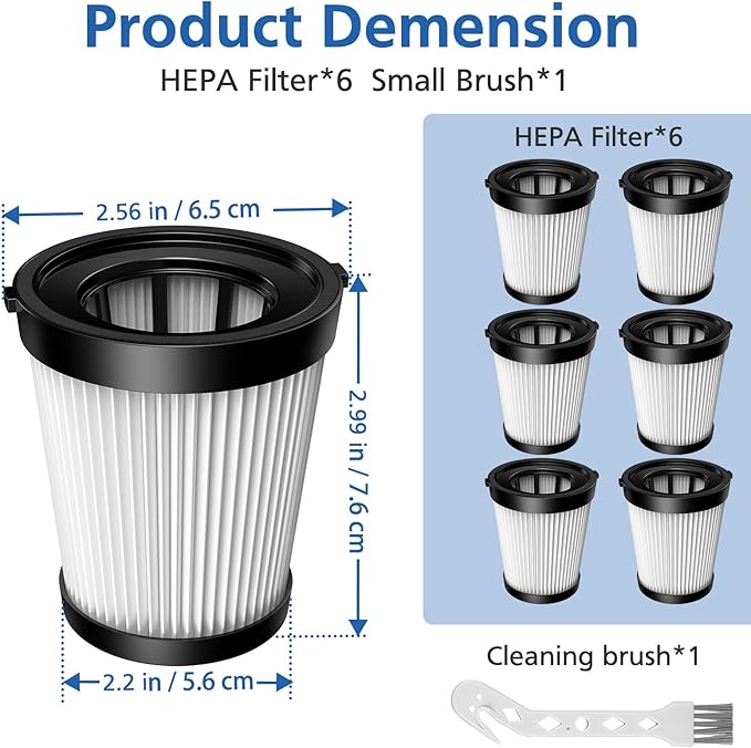6 Pack FSV001 Filter Compatible with Fabuletta FSV101, FSV001, Girnoor G160&G165, Afoddon A300, Lubluelu 202, Oraimo OSV-102/225A, Besswin W26 Cordless Stick Vacuum Cleaners, Nequare Vacuum S181