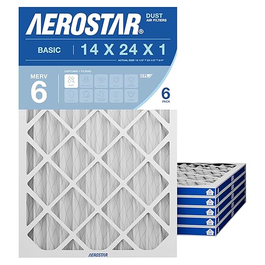 Aerostar 14x24x1 MERV 6 Air Filter, 6 Pack Set of HVAC Furnace Filters, Electrostatic MPR 300 (Actual Size: 13 3/4 x 23 3/4 x 3/4 inches)