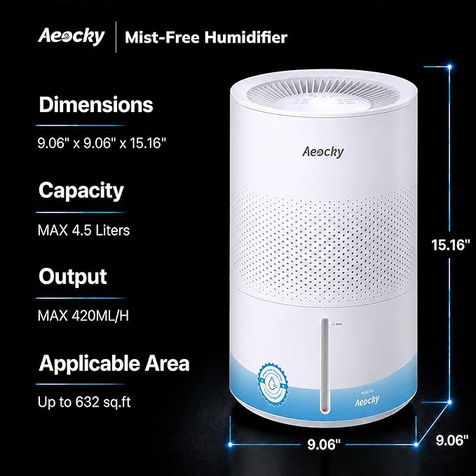 AEOCKY Mist-Free Evaporative Humidifier, No White Dust for Baby, 4.5L Humidifiers with Auto, Dry Filter, Self-Clean, Power & Sleep Mode, Timer for Bedroom, Home, Nursery