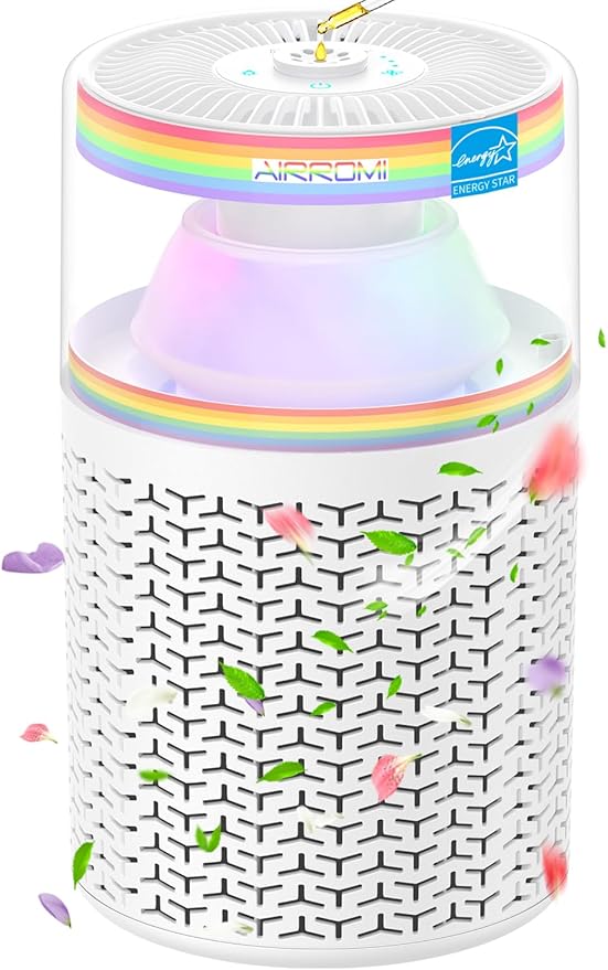 AIRROMI Pet Air Purifier for Home & Bedroom, HEPA Activated Carbon Filter, Removes Pet Dander & Odor, Allergies, Smoke, Hair, Night Light, Fragrance Sponge, Up to 658 ft², A2002 Rainbow