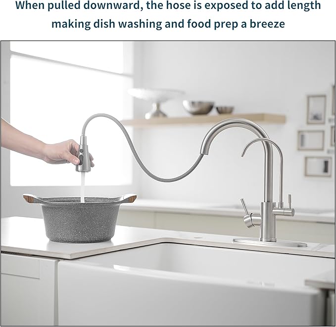 Kitchen Faucets with Water Filter and Pull Down Sprayer,Kitchen Sink Faucet,Two Handle Sink Faucet with Pull Down Sprayer for 3 Function,Without Water Filtration Device,Brushed