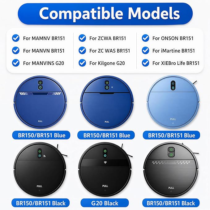 BR151 Robot Vacuum Replacement Parts, Compatible with MAMNV BR151,ZCWA BR151,XIEBro BR151,iMartine BR151,ONSON BR151,MANVN BR151,ZC WAS BR151,MANVINS G20,Kilgone G20,8ea:Mop Pad,HEPA Filter,Side Brush