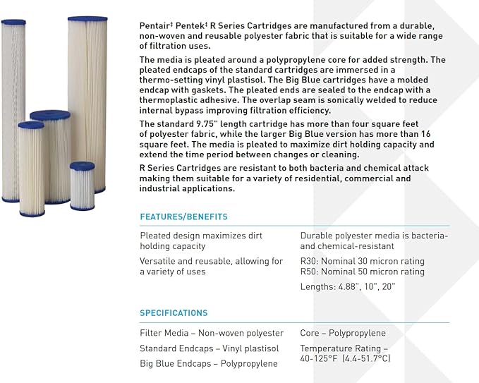 Pentair Pentek R30-BB Big Blue Pleated Polyester Sediment Water Filter, 10" x 4.5", 30 Micron, Whole House Reusable Cartridge