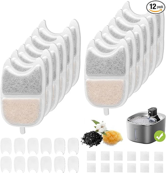 12 Sets Replacement Filters Compatible with Feelneedy 4L Wilreless Cat Water Fountain, 135 fl oz/4L Wilreless Cat Water Fountain Filters,Triple Filtration Pet Fountain Filter Replacement