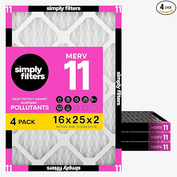Simply 16x25x2 Air Filter, MERV 11, 4 Pack, Furnace Air Filter for HVAC (Actual Size: 15.5"x24.5"x1.75") DUST, Pet & Allergy Control